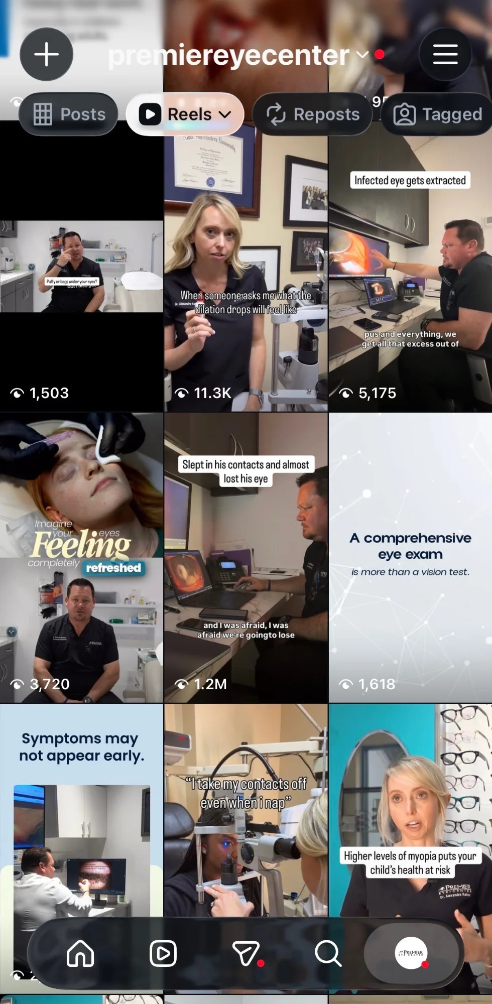 A client’s Instagram reels, with the 1.2 million view reel circled